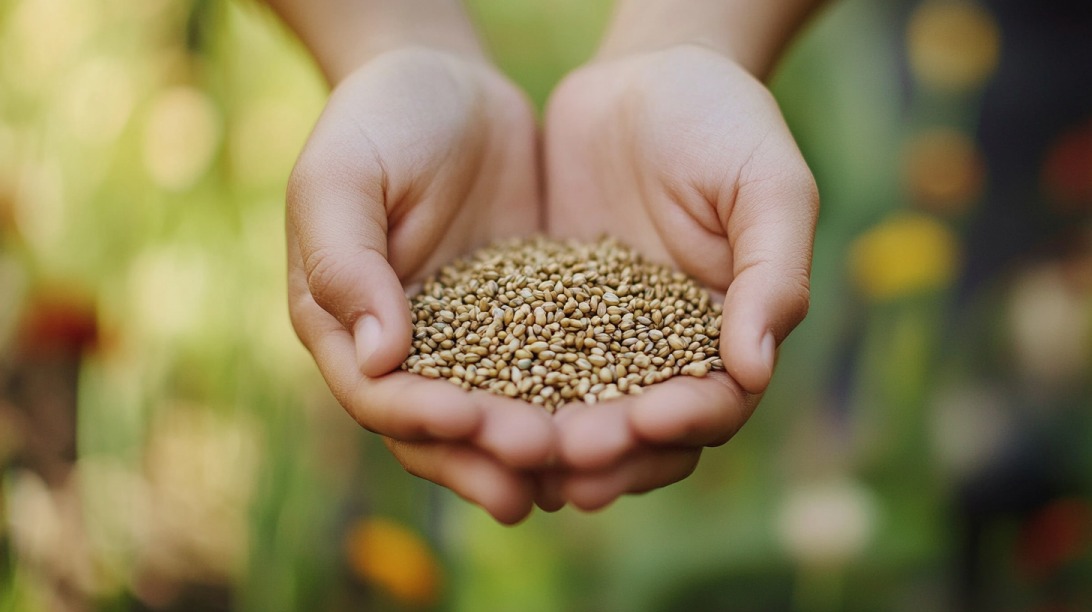 Hands holding a handful of seeds on a background with blurred plants and flowers