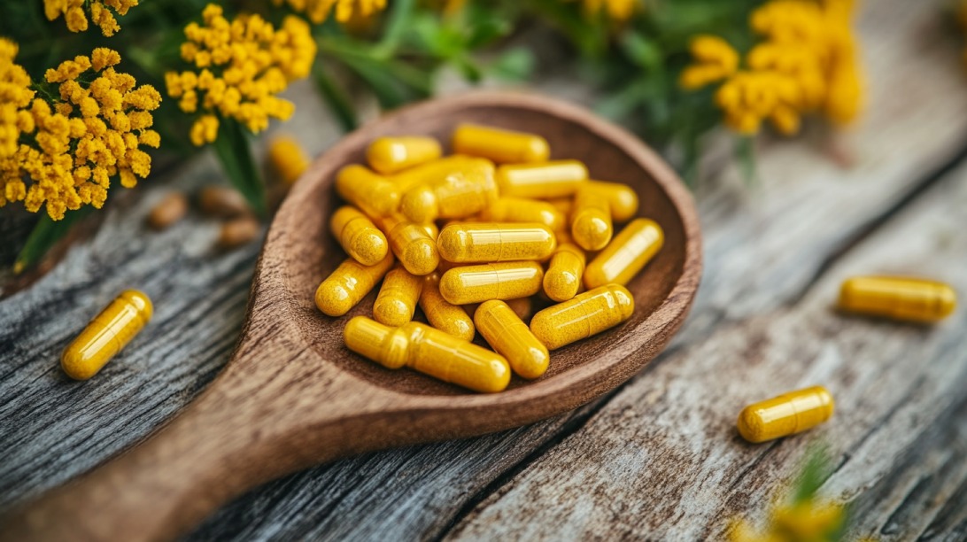 Yellow berberine capsules in a wooden spoon, with yellow flowers and rustic wood background