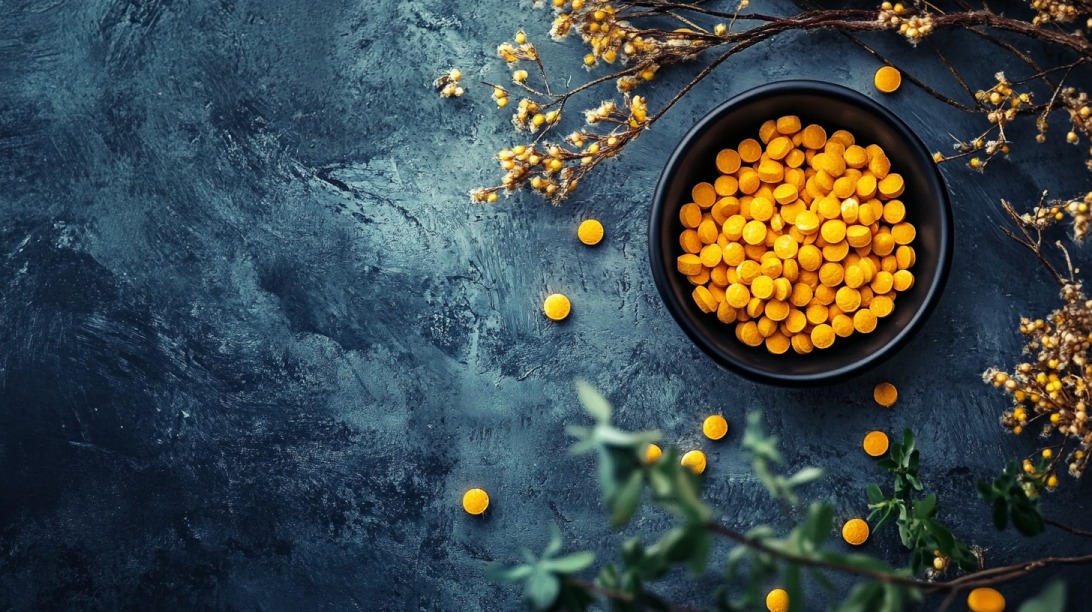 Flat lay of a black bowl filled with yellow berberine tablets on a dark textured surface, surrounded by dry flowers and green leaves