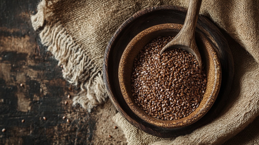 Wooden bowl filled with flax seeds and a spoon, placed on rustic burlap cloth