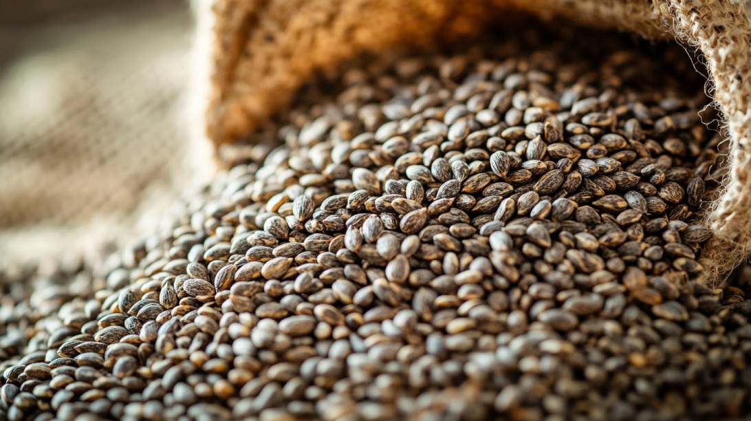 Close-up of chia seeds spilling out from a burlap sack onto a woven surface