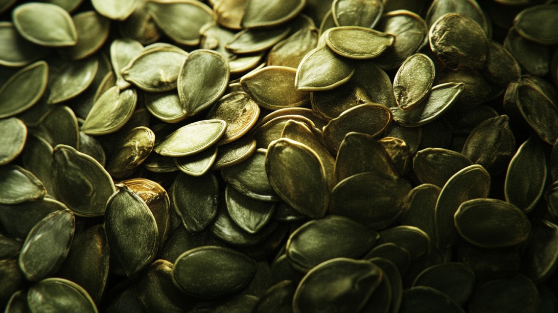 Photo of dark green pumpkin seeds under warm light