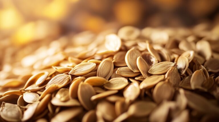 Photo of a pile of light brown seeds in warm lighting
