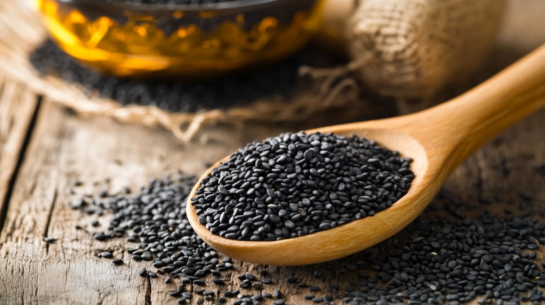 A wooden spoon full of black sesame seeds on a rustic wooden table with spilled seeds in the background