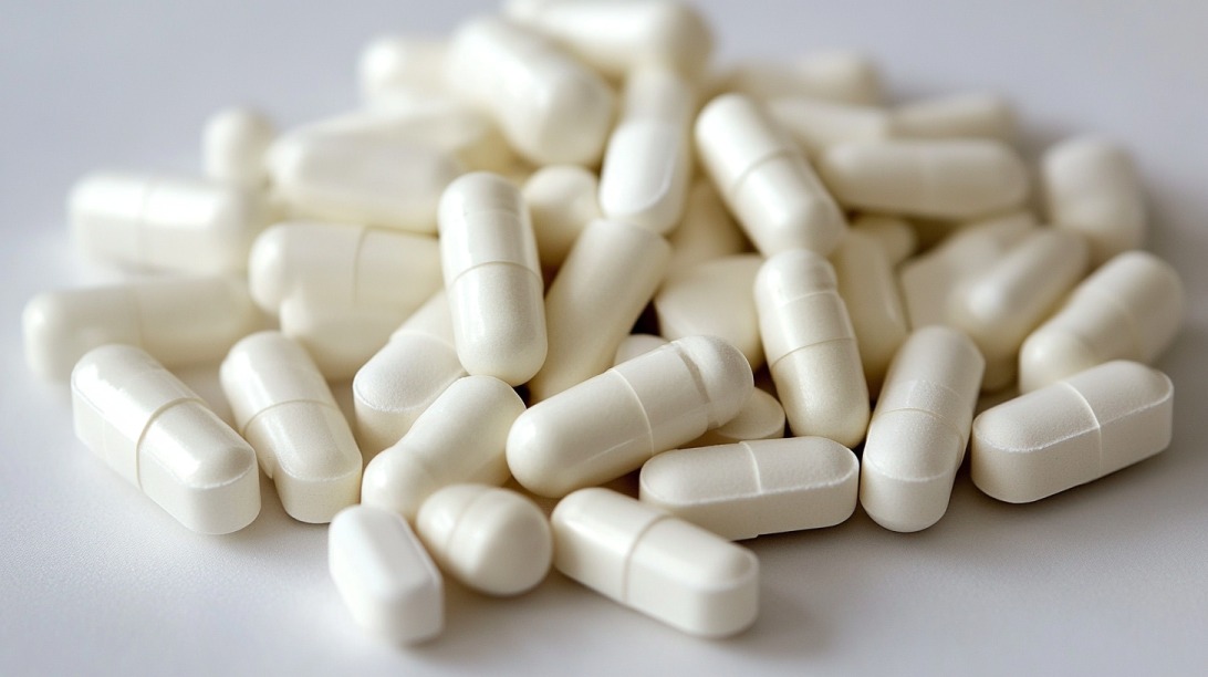 A pile of white calcium supplement capsules on a white surface