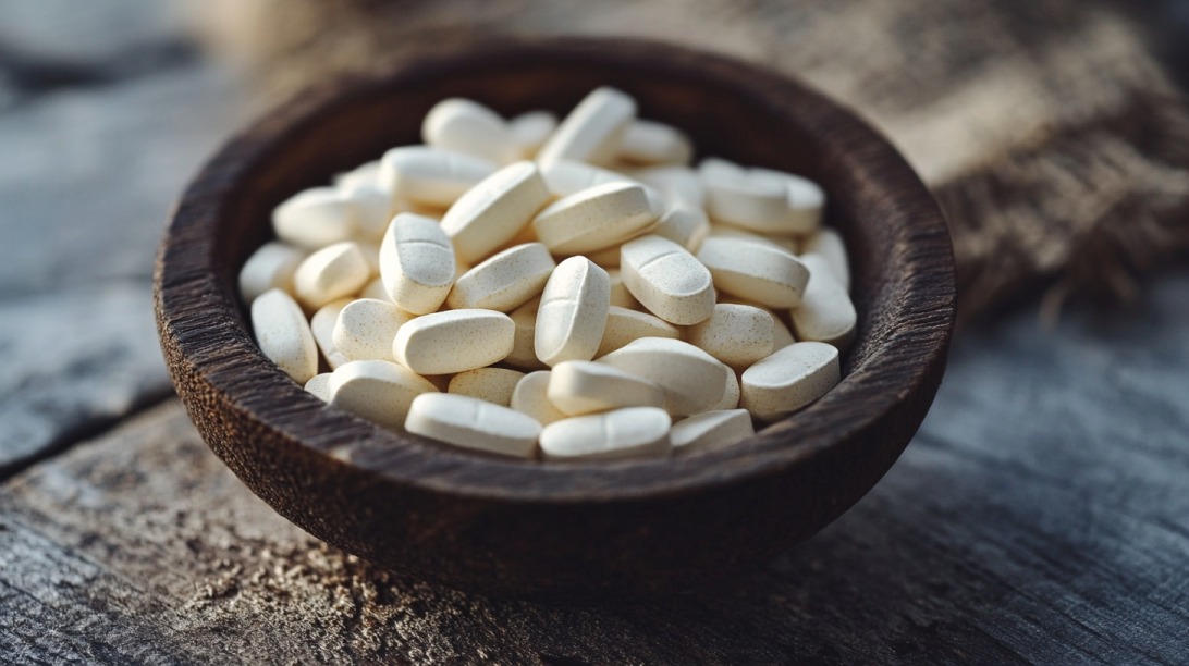 Bowl filled with white magnesium tablets on a rustic wooden surface