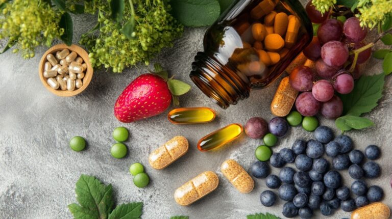 Assorted dietary supplements and fresh fruits like grapes, blueberries, and strawberries arranged on a stone surface