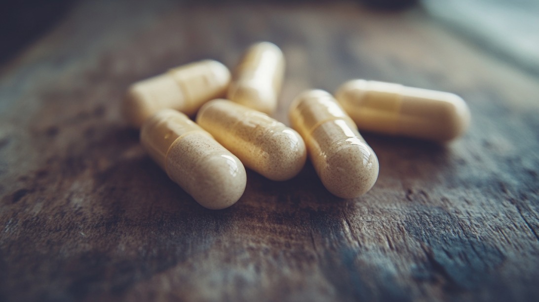Close-up of beige phosphorus supplement capsules on a wooden surface