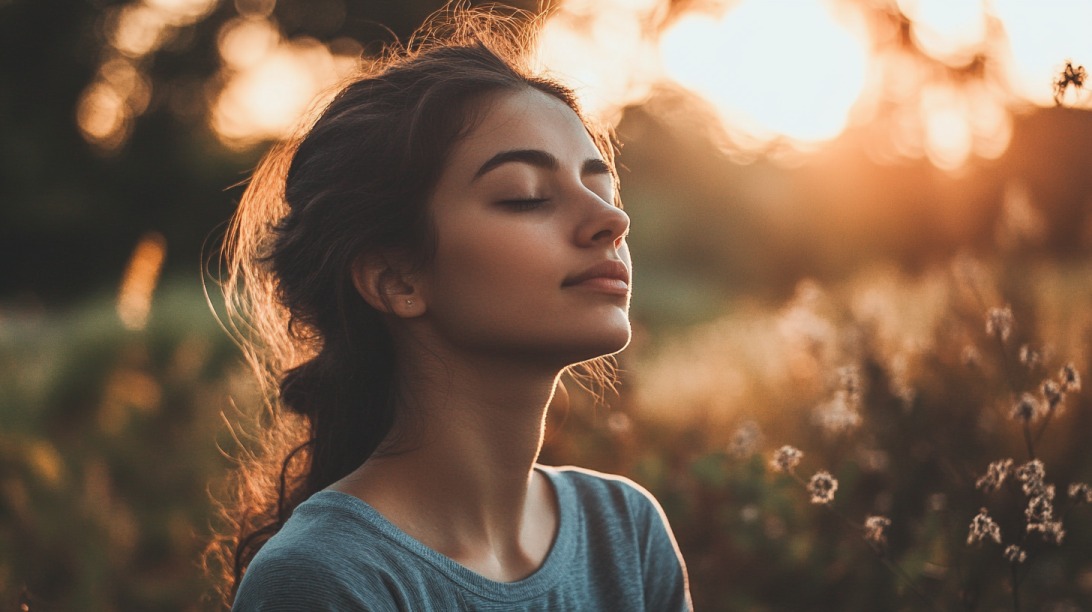 Young woman meditating peacefully outdoors at sunset, eyes closed, symbolizing mental wellness and mindfulness