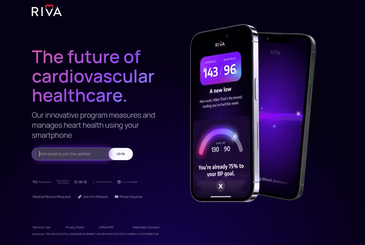 Riva Health smartphone app interface displaying blood pressure stats and progress towards heart health goals