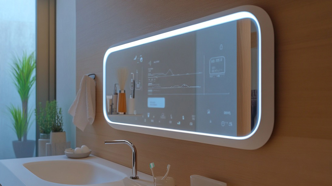 Smart mirror in a modern bathroom displaying health data like heart rate and sleep patterns on its digital interface