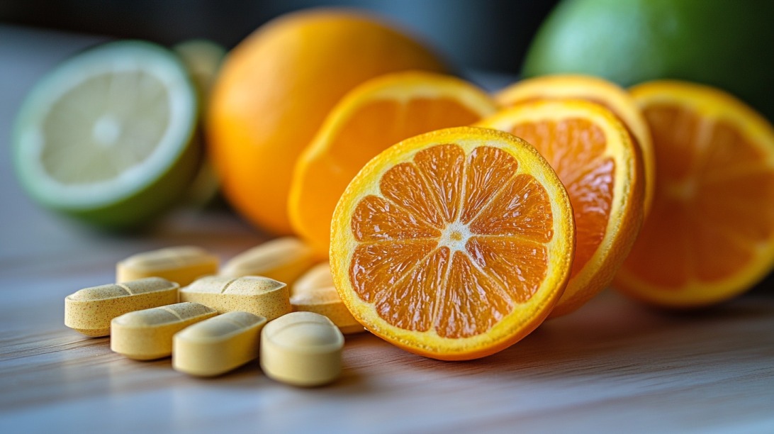 Vitamin C tablets with sliced oranges and citrus fruits on a table