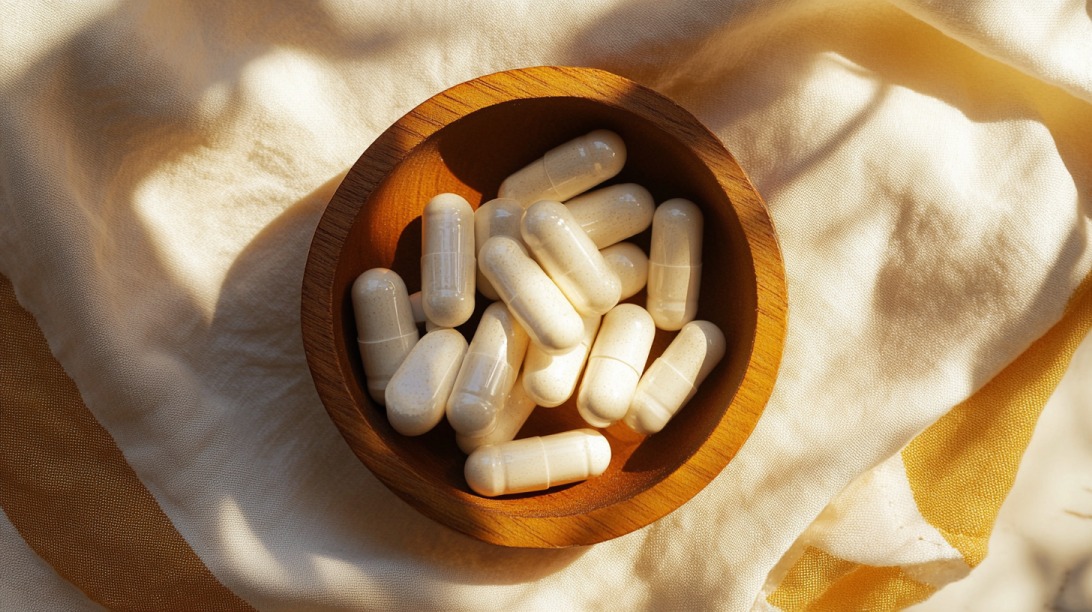 A wooden bowl filled with white zinc supplement capsules on soft fabric in natural light