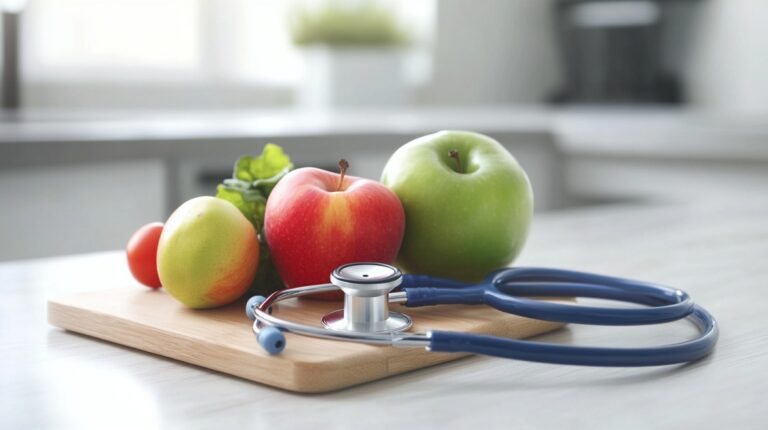 Fruits and vegetables on a wooden board with a stethoscope, symbolizing health and nutrition