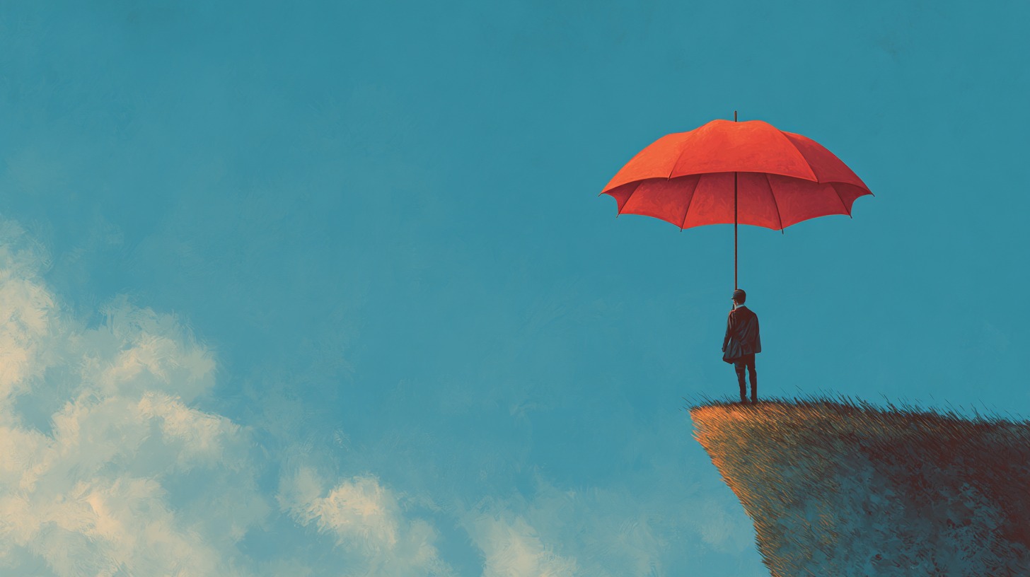 Illustration of a person holding a large red umbrella while standing at the edge of a cliff under a blue sky