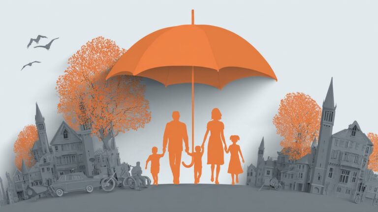 Illustration of a family standing under a large orange umbrella with a town and trees in the background, symbolizing protection through life’s stages