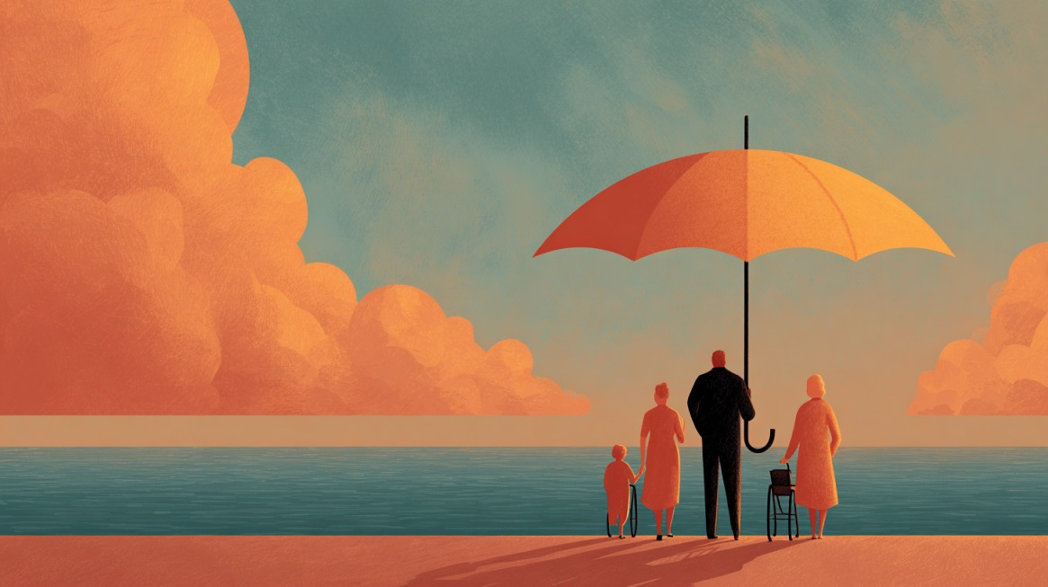 Illustration of multiple generations standing under one large umbrella by the ocean, symbolizing life-stage insurance coverage