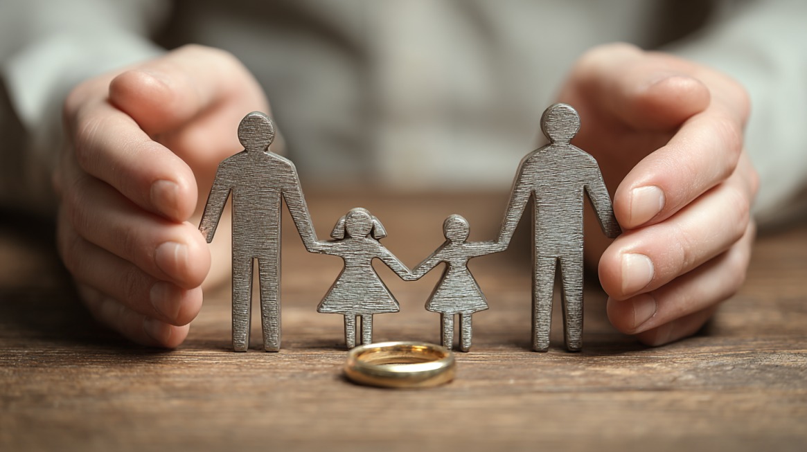 Hands shielding a wooden cutout of a family of four, with a wedding ring placed in front on a wooden table