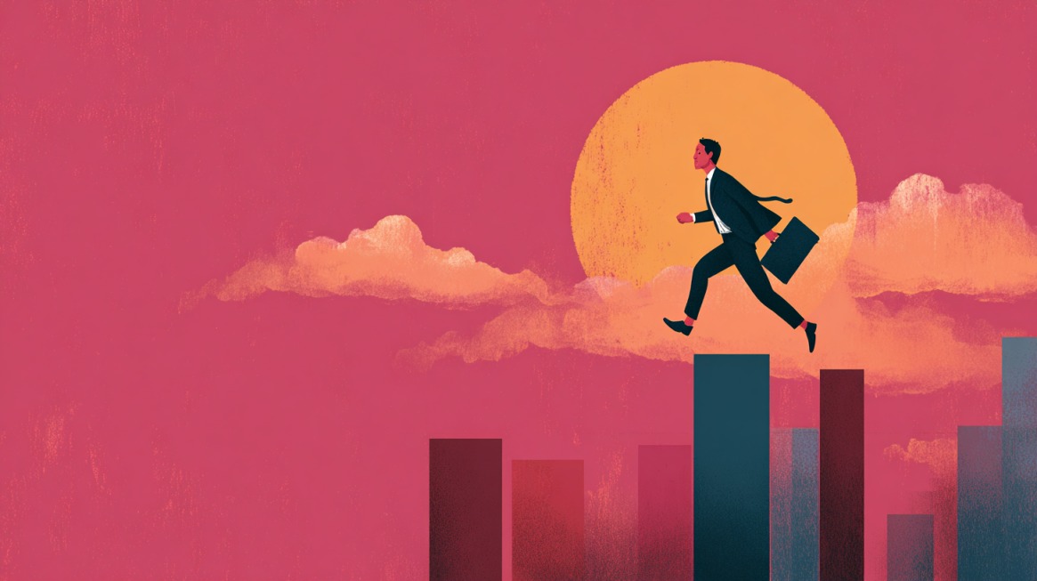 Illustration of a businessperson jumping between bar chart columns with a briefcase, symbolizing career growth against a setting sun