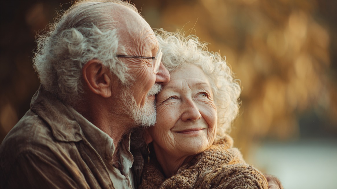 Smiling elderly couple embracing outdoors, symbolizing comfort and security during retirement