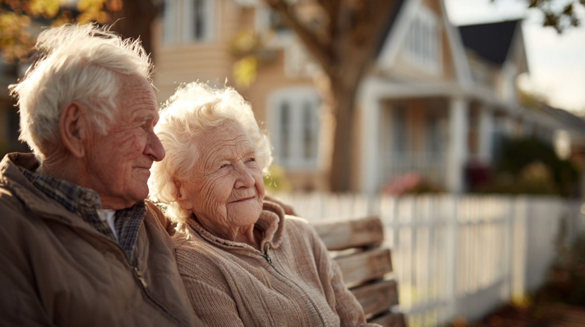 Elderly couple sitting together on a bench outdoors, enjoying the fresh air in front of their home, symbolizing the benefits of outdoor time for seniors with dementia