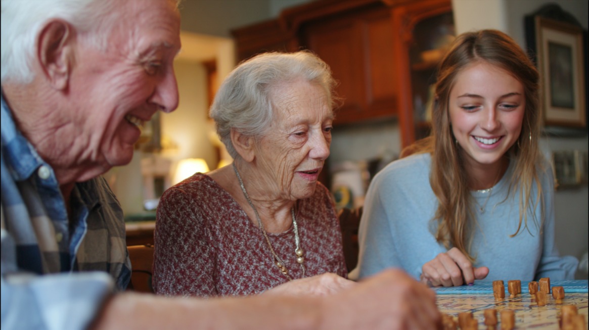 Two seniors and a young woman smiling and playing a board game together, representing family games as a memory support activity for seniors with dementia.