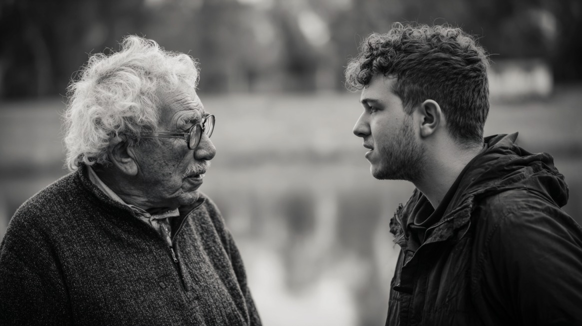 Black and white photo of a young man speaking with an elderly man outdoors, symbolizing gentle reminiscence conversations for dementia care