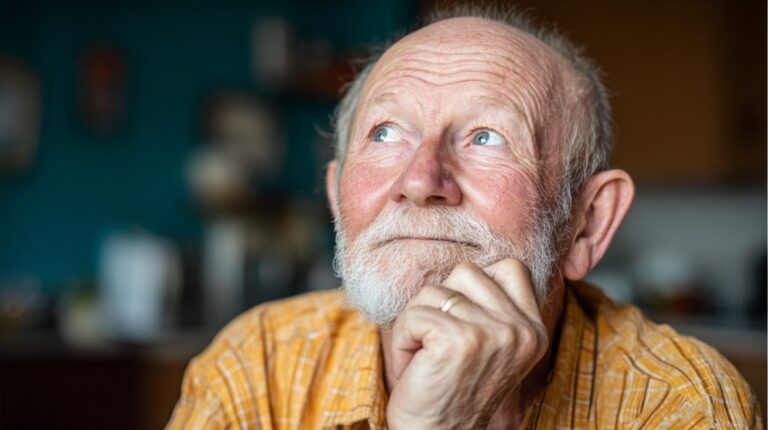 Older man with a thoughtful expression, resting his chin on his hand, symbolizing memory support strategies for seniors facing dementia