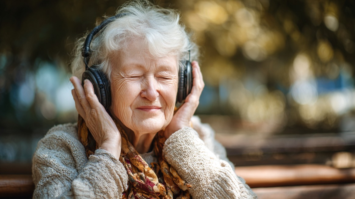 Smiling elderly woman with headphones on, eyes closed, enjoying music outdoors, illustrating how music supports memory recall in seniors with dementia