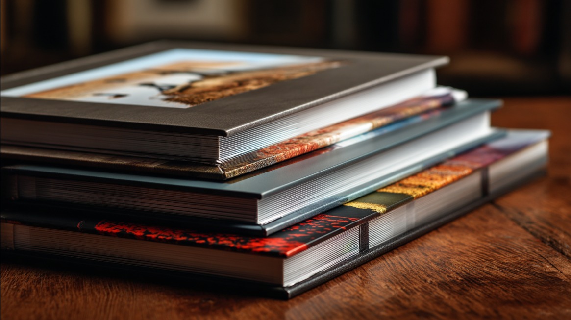 Stack of colorful photo albums on a wooden table, symbolizing the use of pictures and memory aids to support seniors with dementia