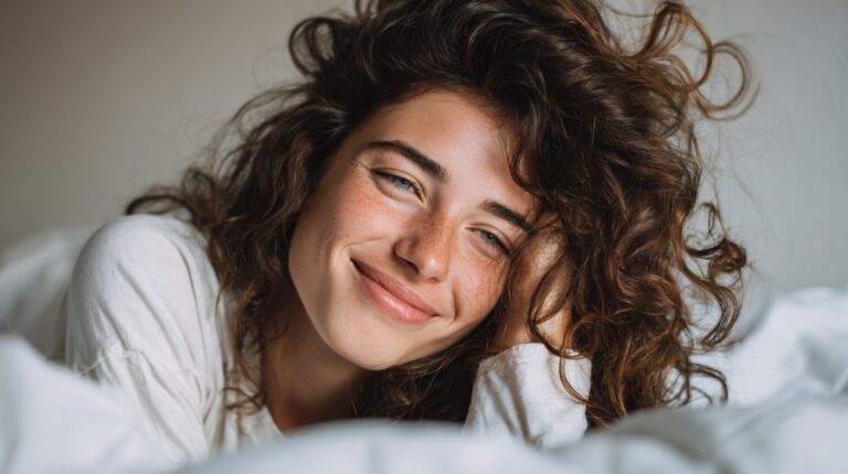 Close-up of a person with curly hair and freckles smiling softly while lying in bed, wearing a white shirt
