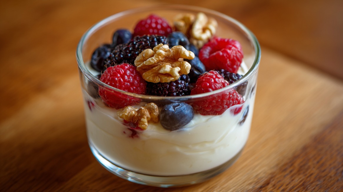 Glass bowl of yogurt topped with raspberries, blackberries, blueberries, and walnuts on a wooden table