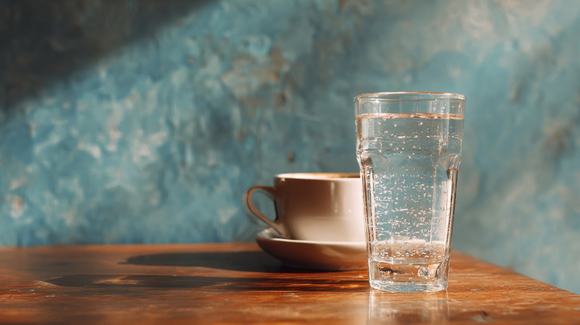 A glass of water and a coffee cup on a wooden table with sunlight and a blue wall background