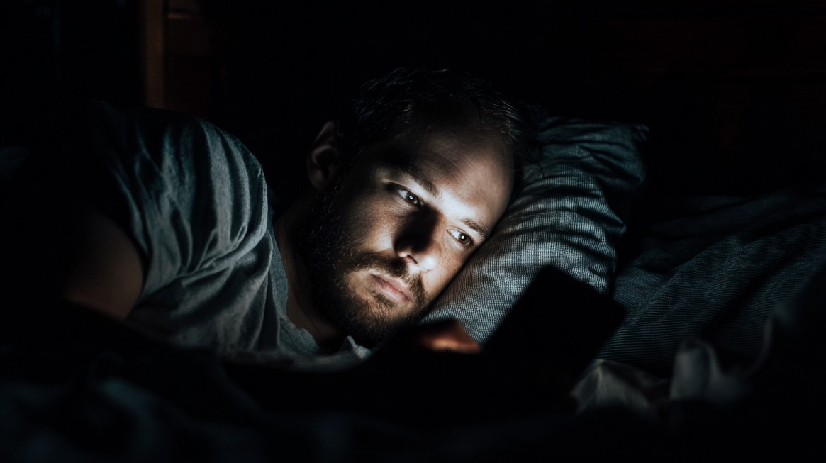 Man lying in bed at night illuminated by phone screen light in a dark room