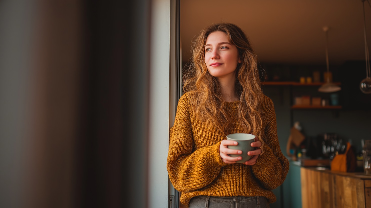 Person standing by a window holding a mug, wearing a cozy mustard sweater and gazing outside peacefully