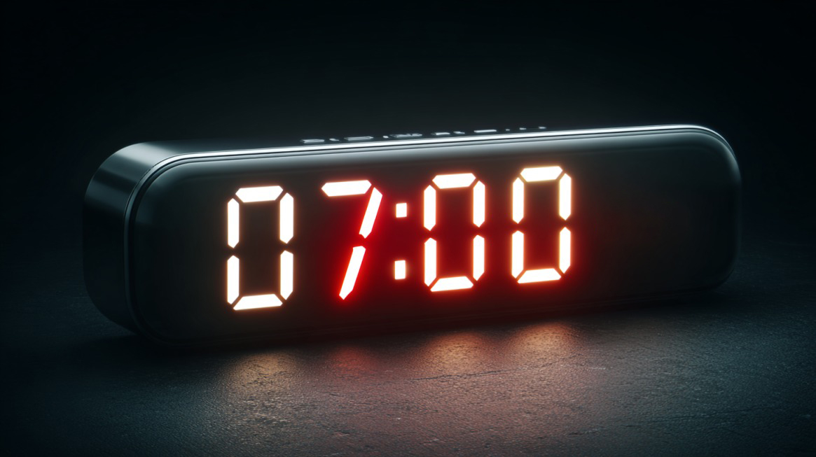 Digital alarm clock displaying “07:00” in glowing red numbers against a dark background