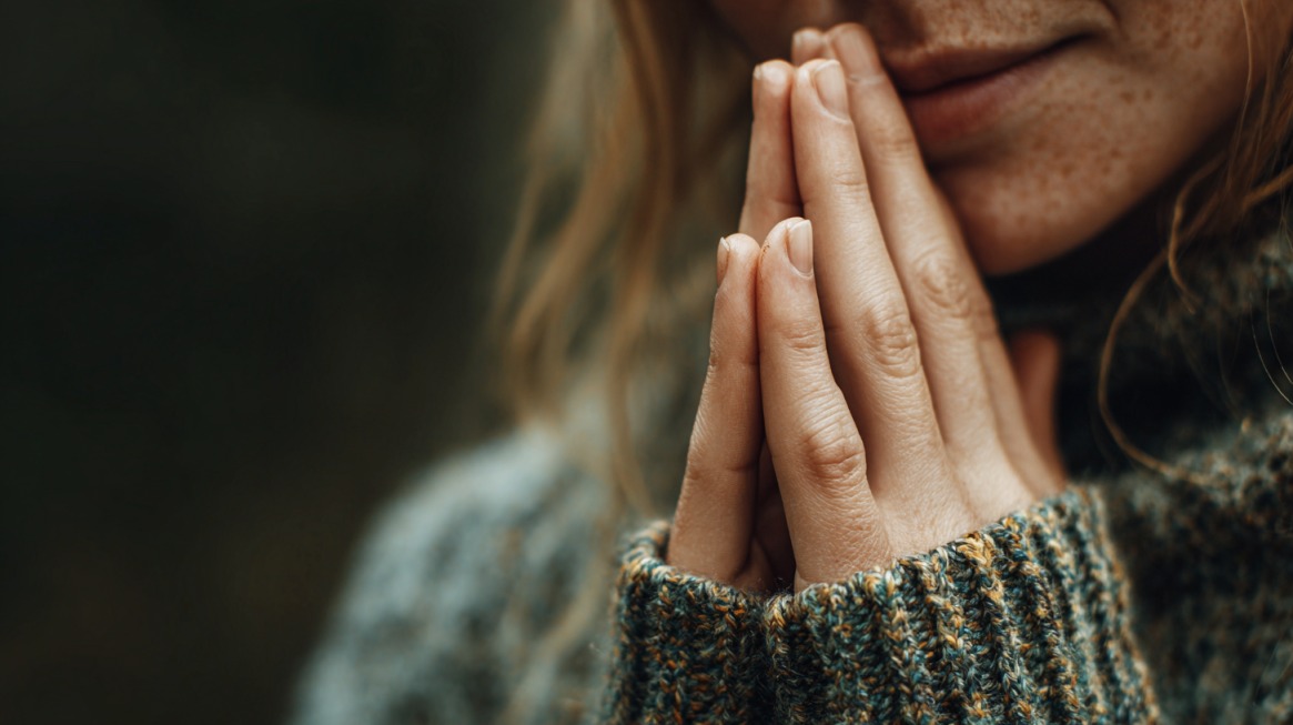 Close-up of a person with hands together in a peaceful, reflective pose wearing a cozy sweater
