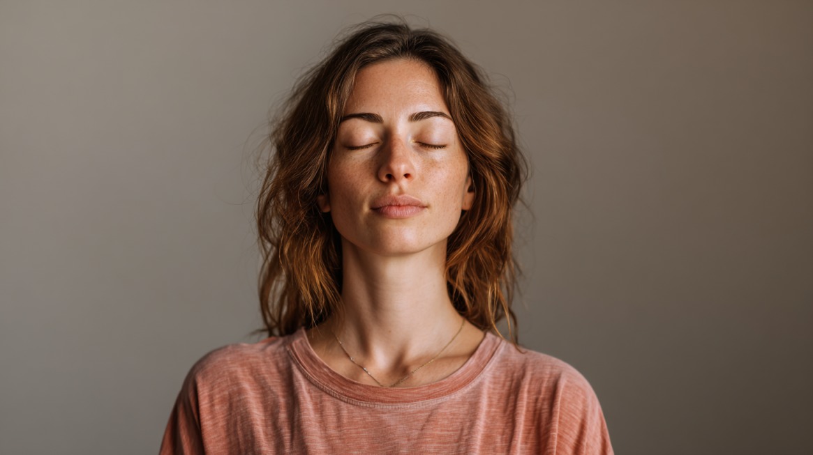 Person with closed eyes practicing mindful breathing while wearing a soft pink shirt against a plain background
