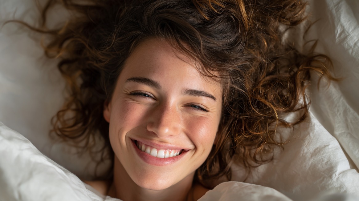 Smiling person lying in bed with tousled hair, enjoying a bright and happy morning