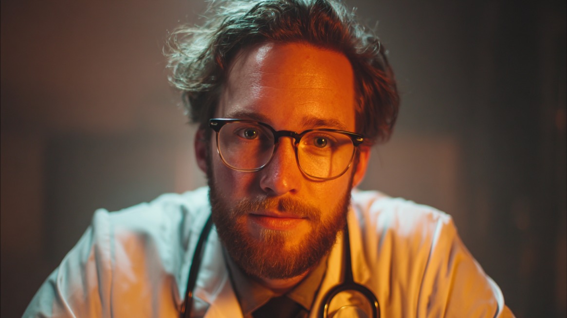 Doctor wearing glasses and a stethoscope looking directly toward the camera in a softly lit room