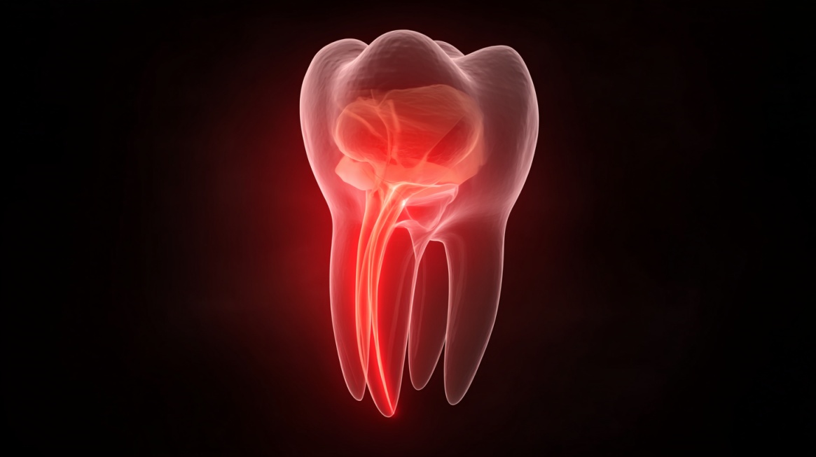 Illustration of a tooth with highlighted nerve showing inflammation and pain