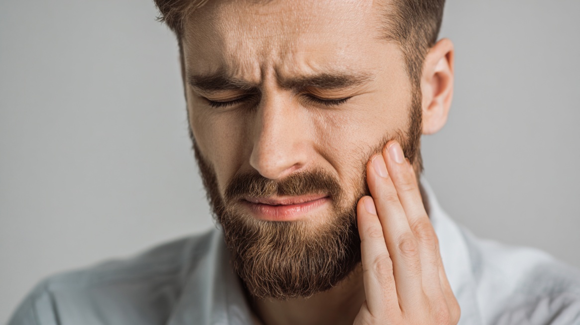 Man with eyes closed holding his jaw, showing severe tooth pain