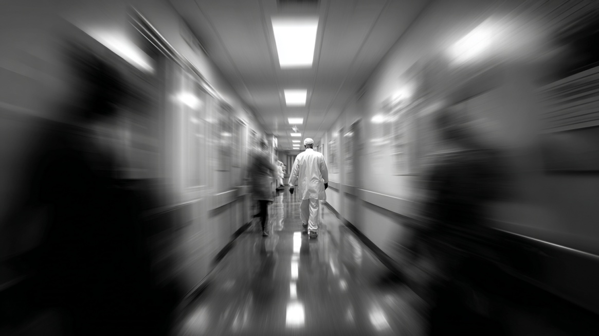 Blurred hospital hallway with a medical professional walking quickly, symbolizing urgency and emergency care